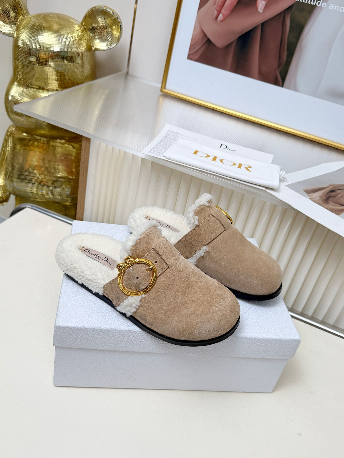 CD 26s Mules Trench Beige Suede Shearling 124416