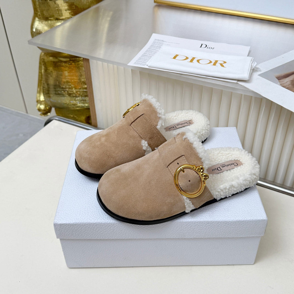 CD 26s Mules Trench Beige Suede Shearling 124416