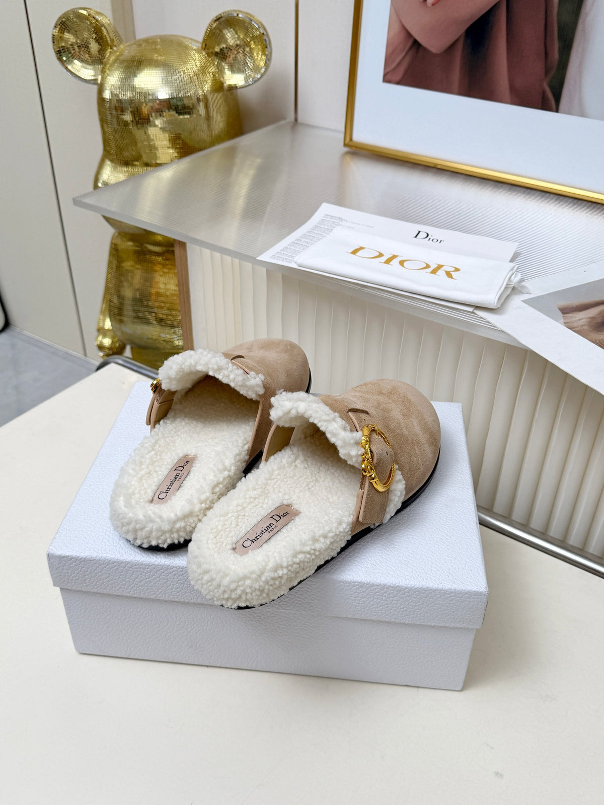 CD 26s Mules Trench Beige Suede Shearling 124416