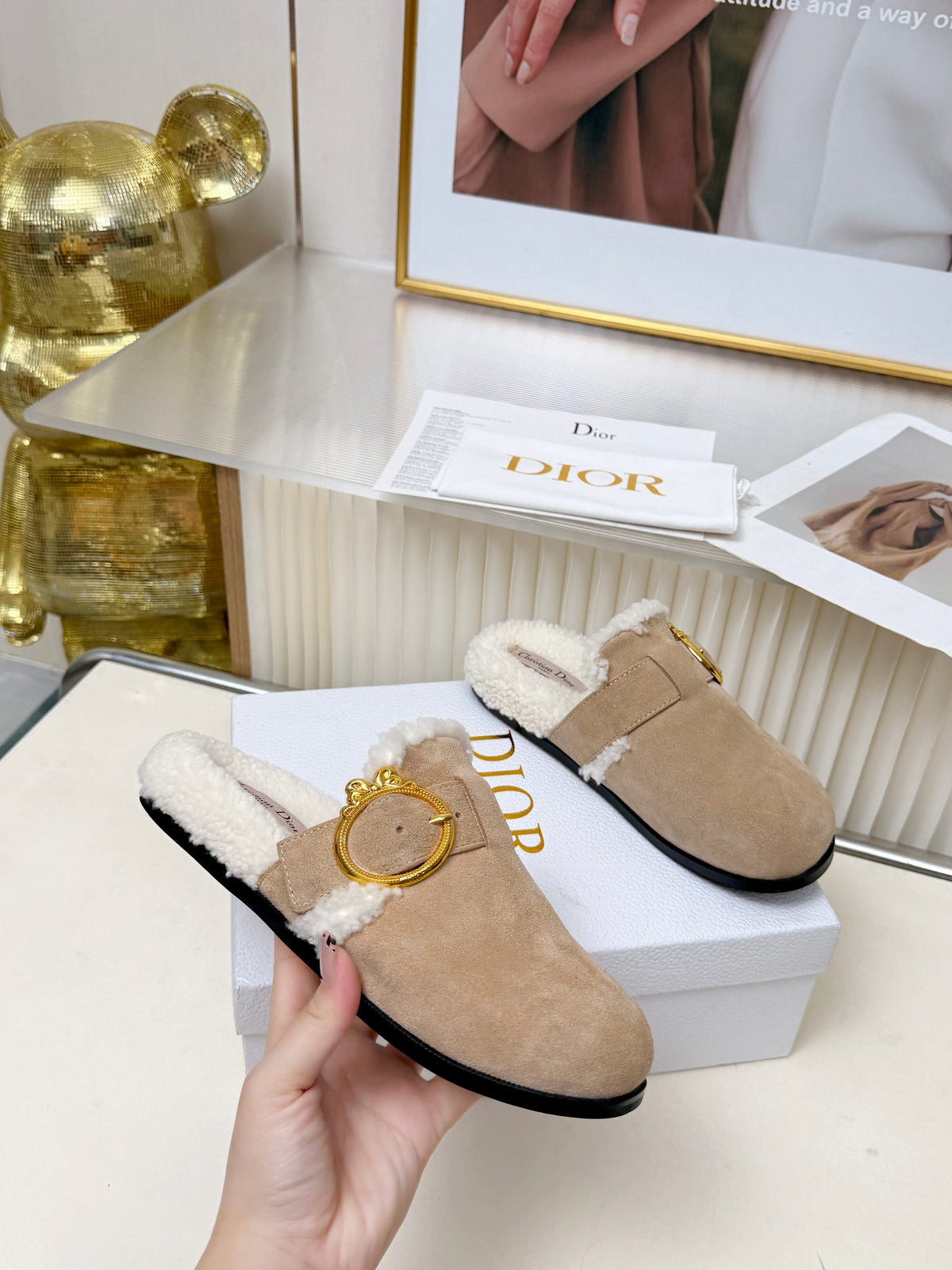 CD 26s Mules Trench Beige Suede Shearling 124416