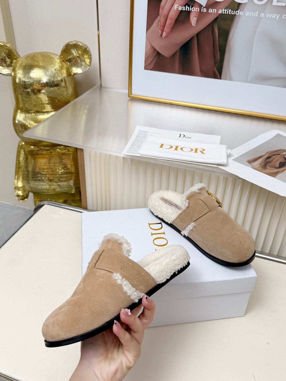 CD 26s Mules Trench Beige Suede Shearling 124416