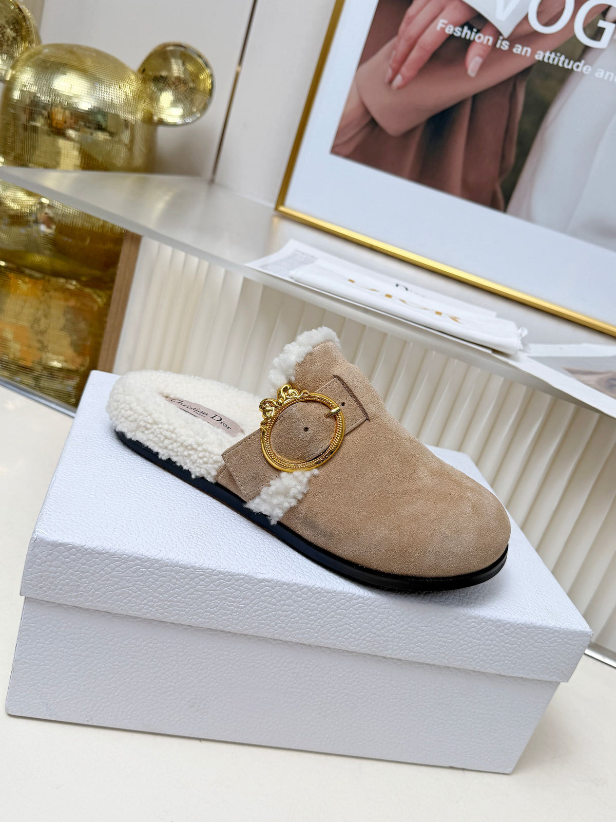 CD 26s Mules Trench Beige Suede Shearling 124416