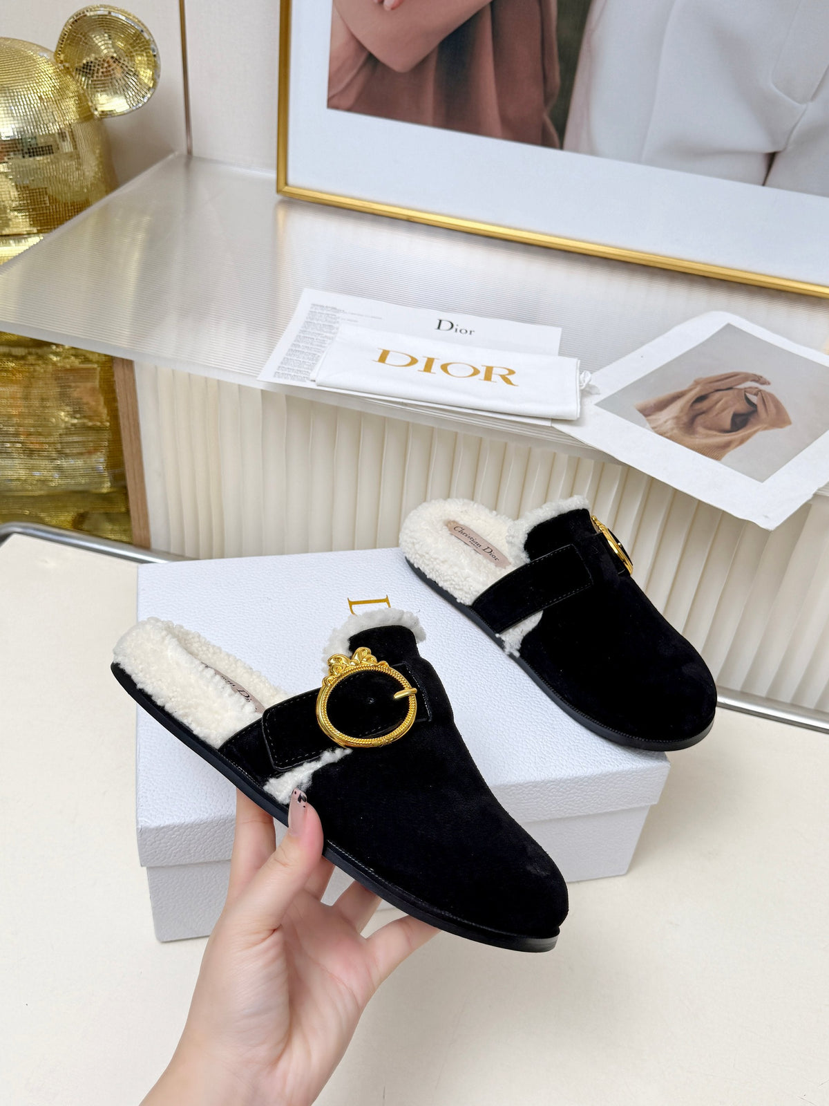 CD 26s Mules Black Suede Shearling 124415