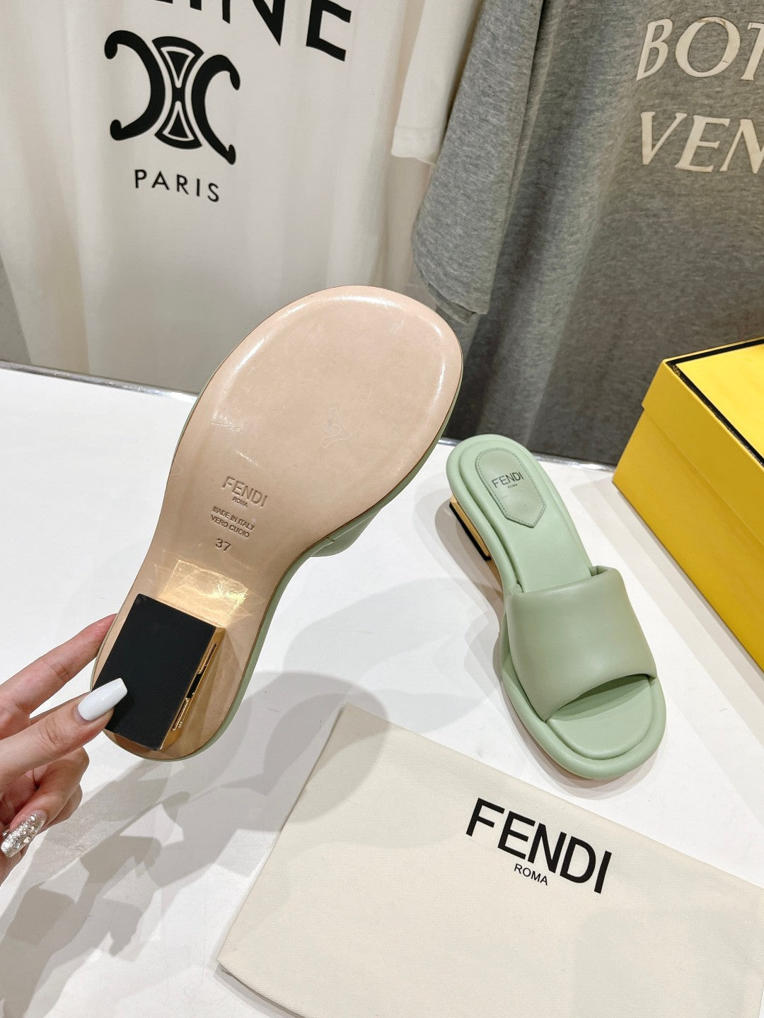 FENDI BAGUETTE MEDIUM-HEEL SANDALS 45 MM IN GREEN MINT CALFSKIN