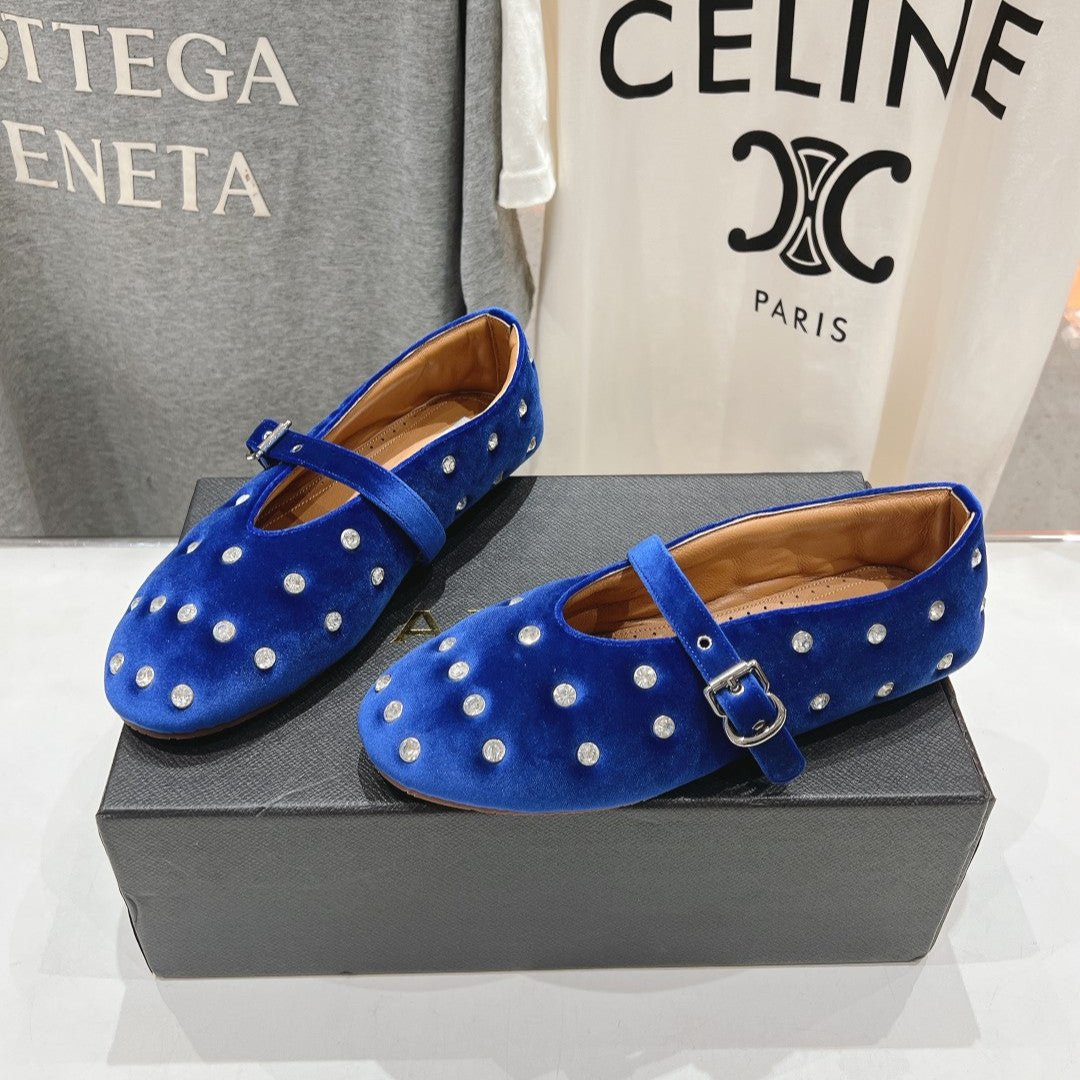 Alaila Ballet Flats In Dark Blue Velvet With Rhinestones 971996