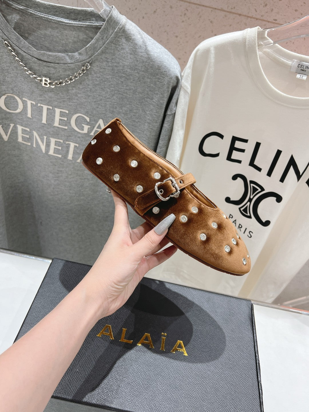 Alaila Ballet Flats In Moss Brown Velvet With Rhinestones 971998