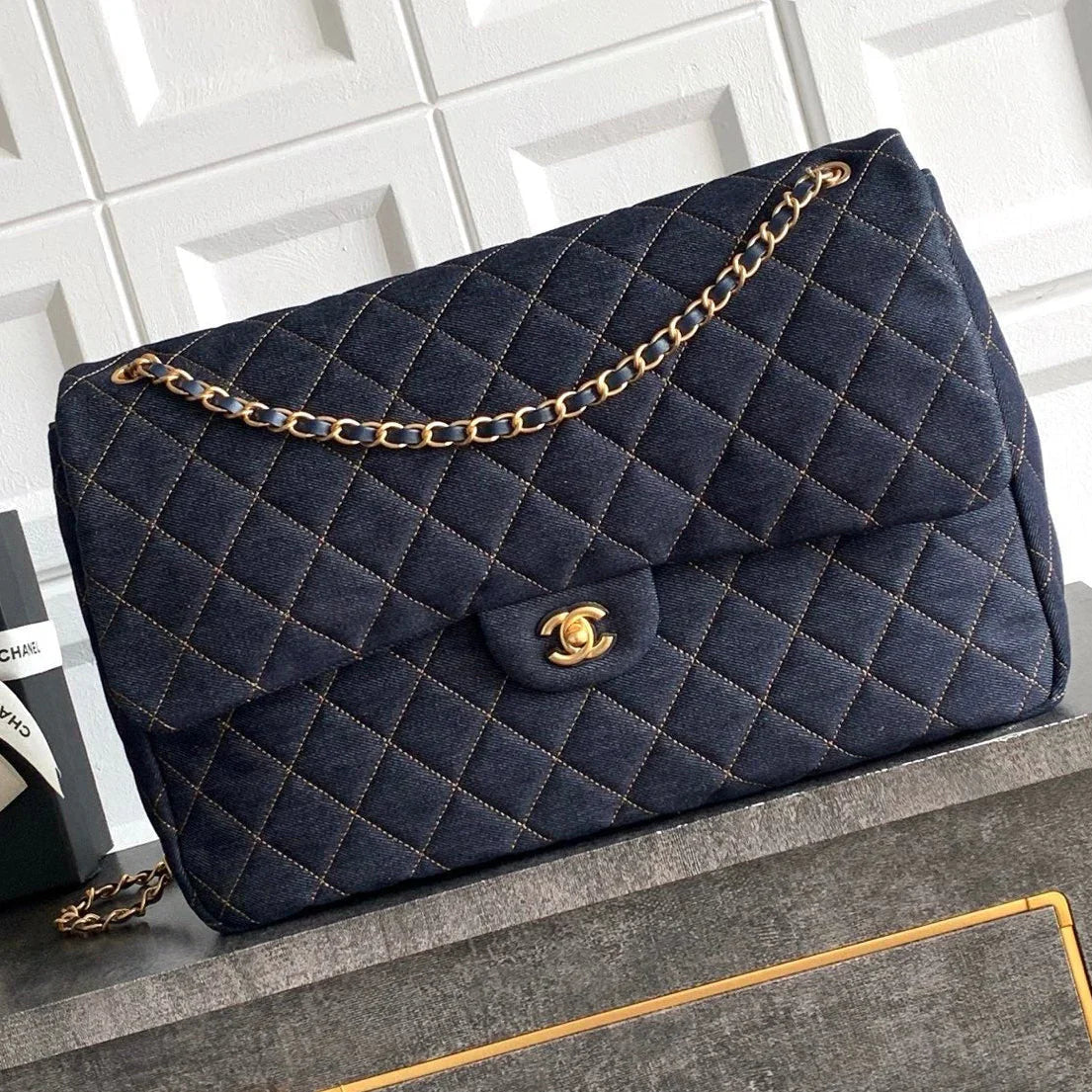CC  2026 Flap Bag 38.5cm Blue Denim Leather