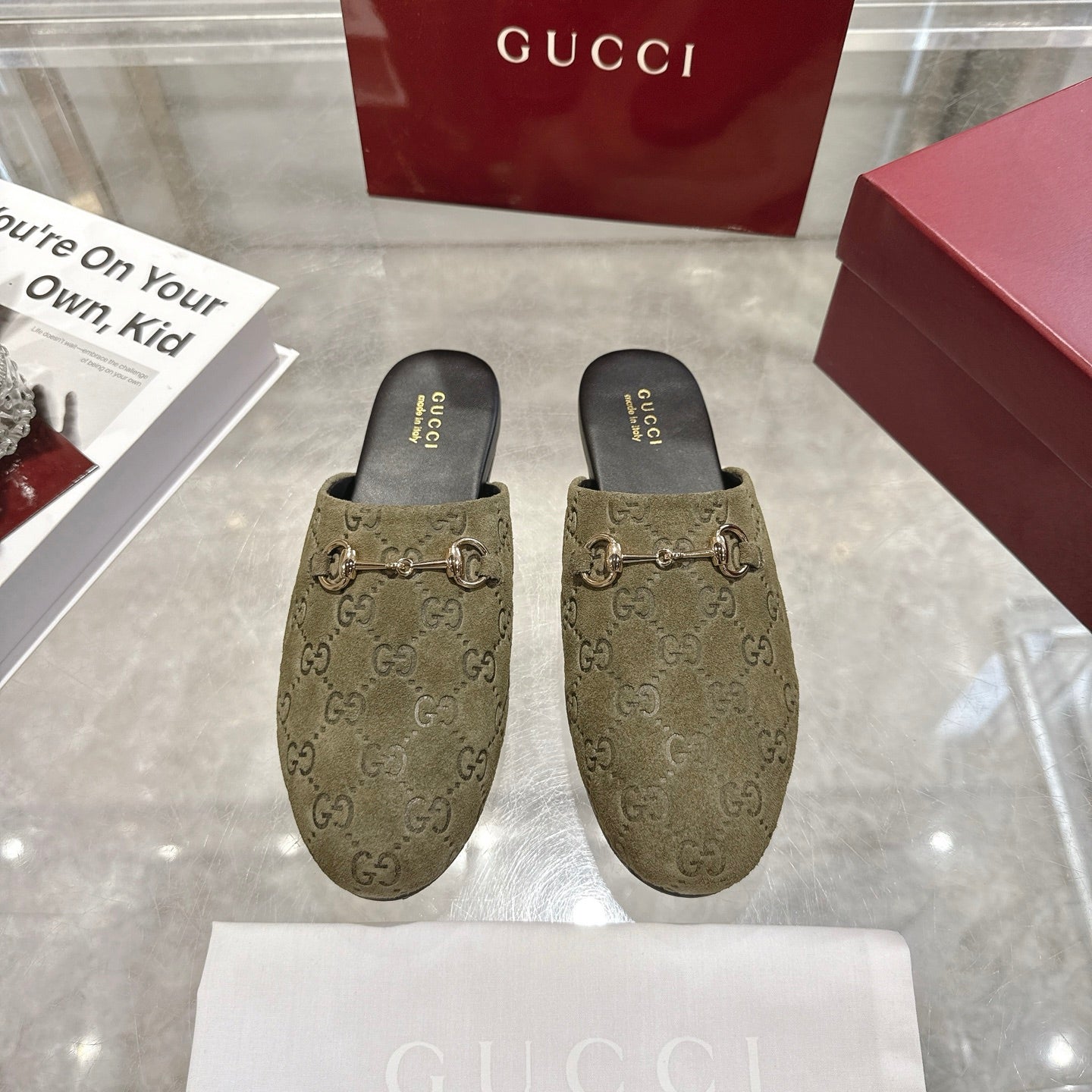 GG 26s Mule With Horsebit Olive Green Suede 664800