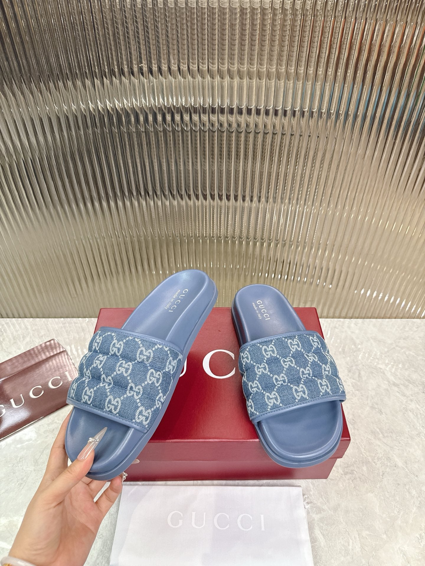 GG Slide Sandal Blue Canvas Rubber 788184