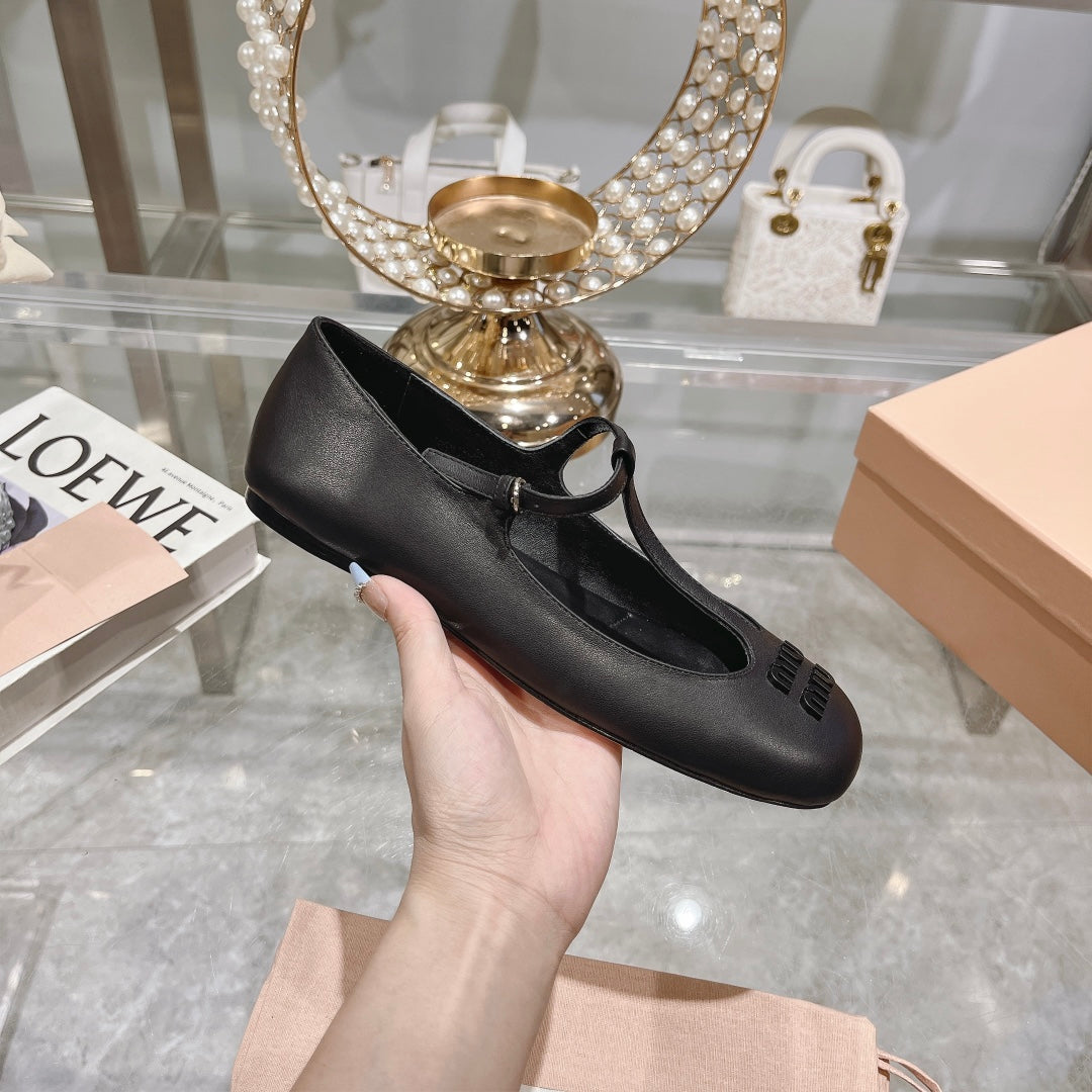 Miu Mary Jane Sandal Black With T - Strap Sheepskin