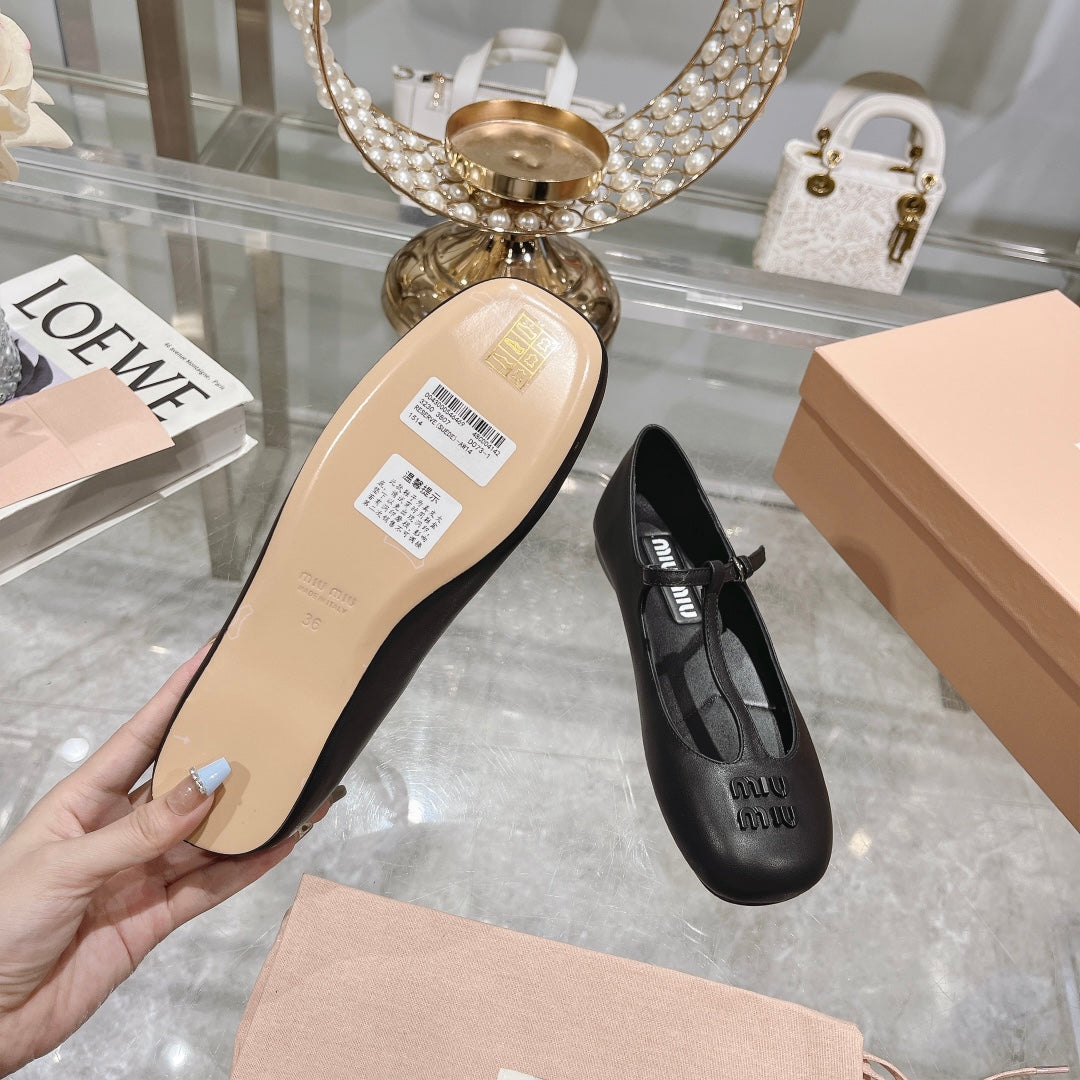 Miu Mary Jane Sandal Black With T - Strap Sheepskin