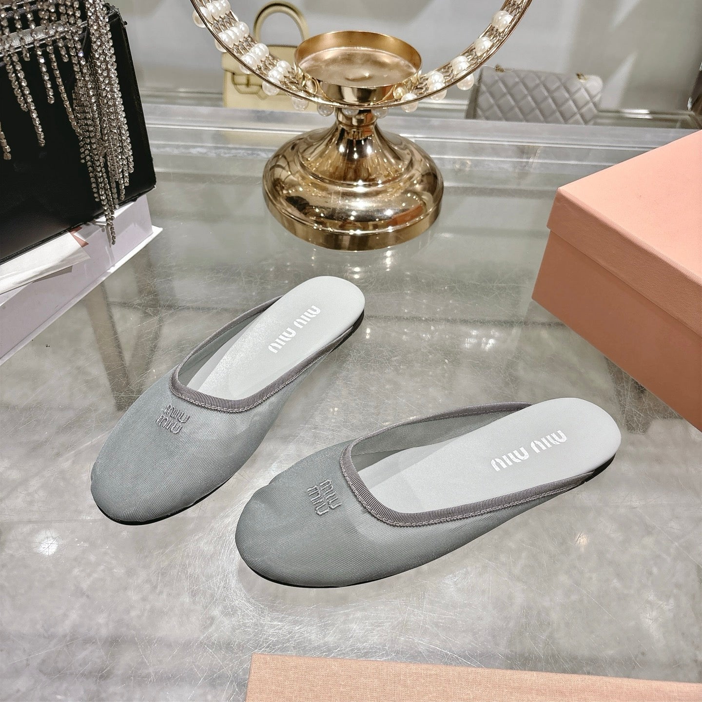 Miu Miu 26s Slippers Grey Mesh 679836