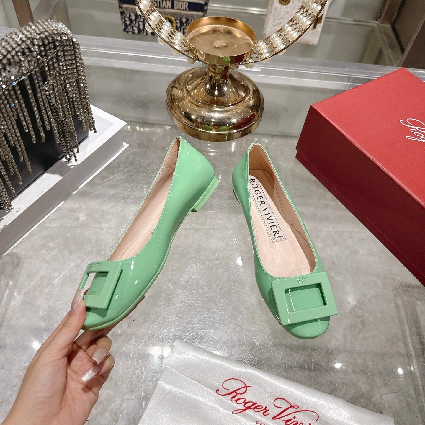 Roger Vivier 26s U Look Ballet Flat Mint Green Leather 679809