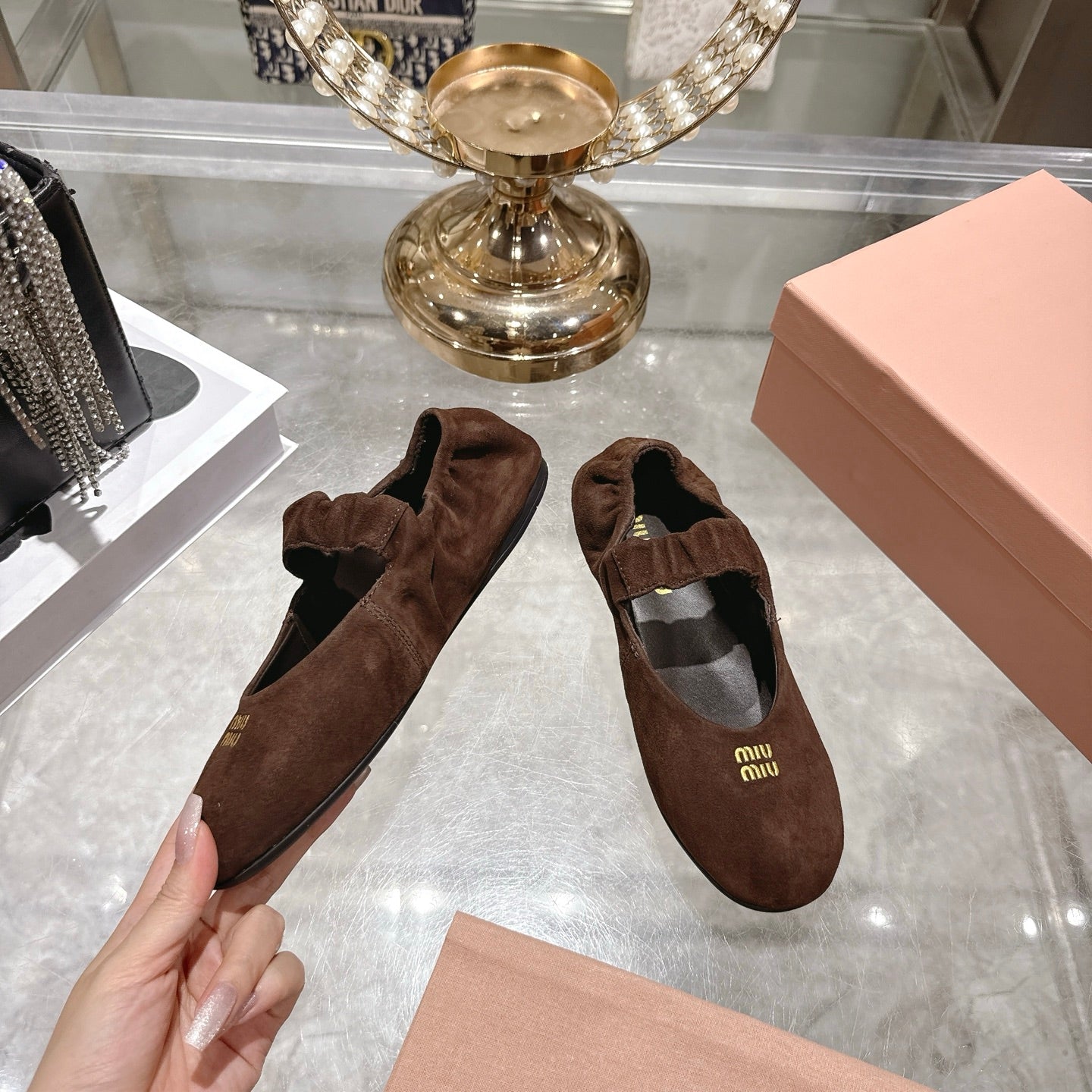 Miu 26s Mary Jane Flats In Dark Brown Suede Elastic Strap