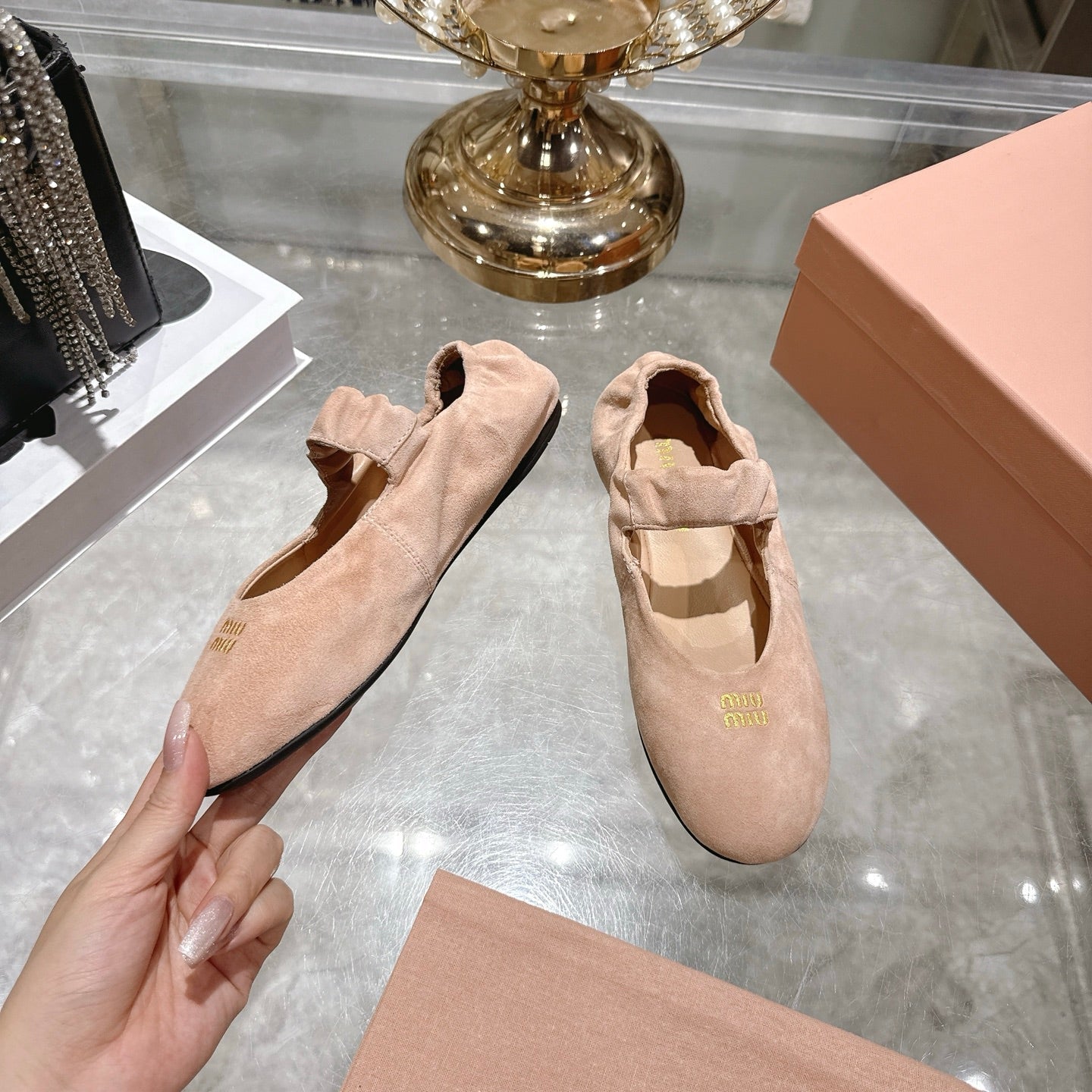 Miu 26s Mary Jane Flats In Light Pink Suede Elastic Strap