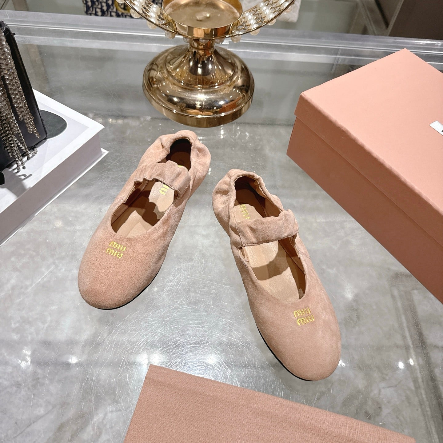 Miu 26s Mary Jane Flats In Light Pink Suede Elastic Strap