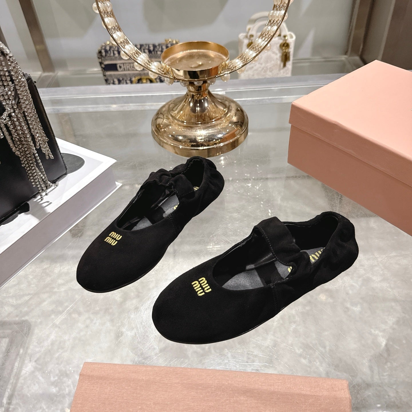 Miu 26s Mary Jane Flats In Black Suede Elastic Strap