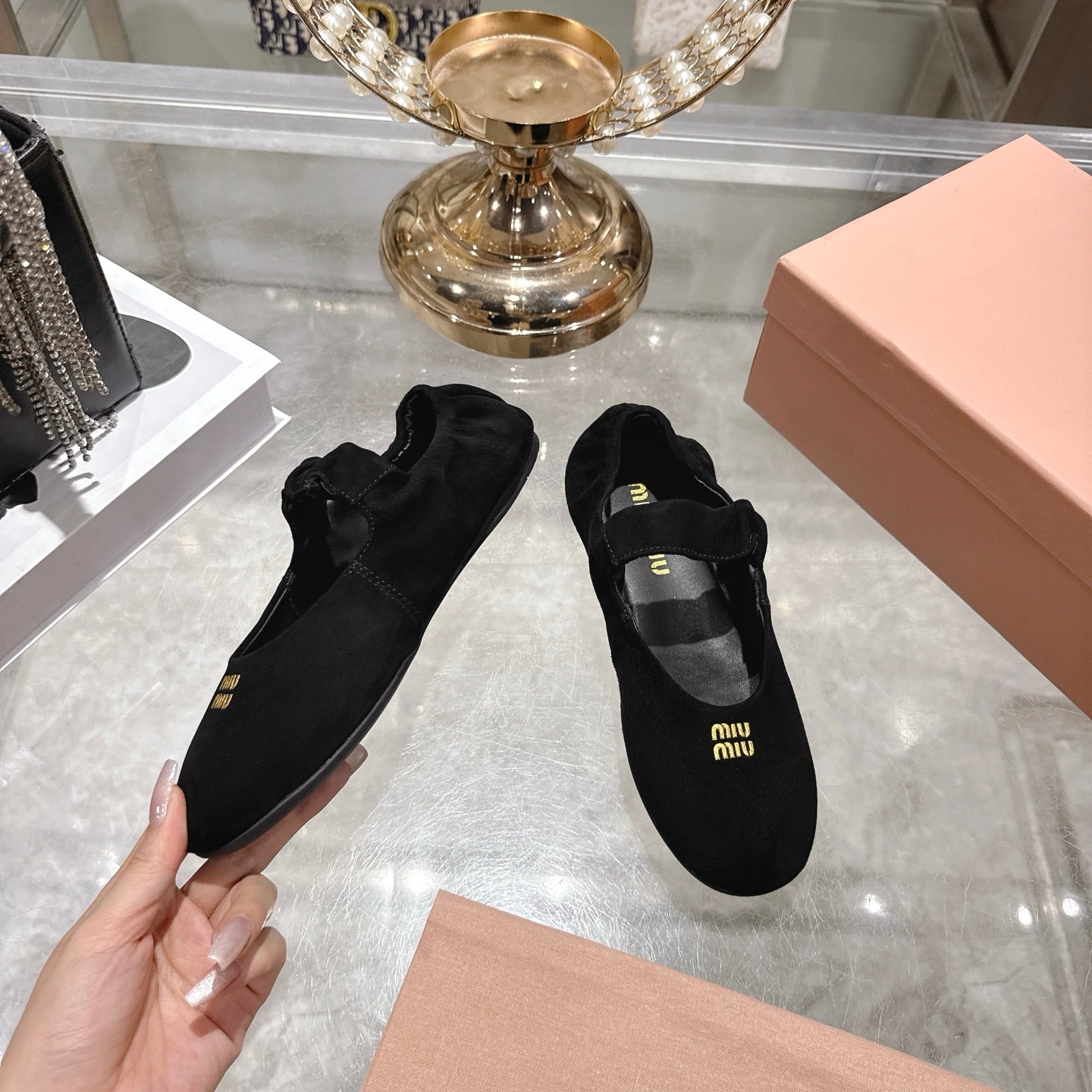 Miu 26s Mary Jane Flats In Black Suede Elastic Strap
