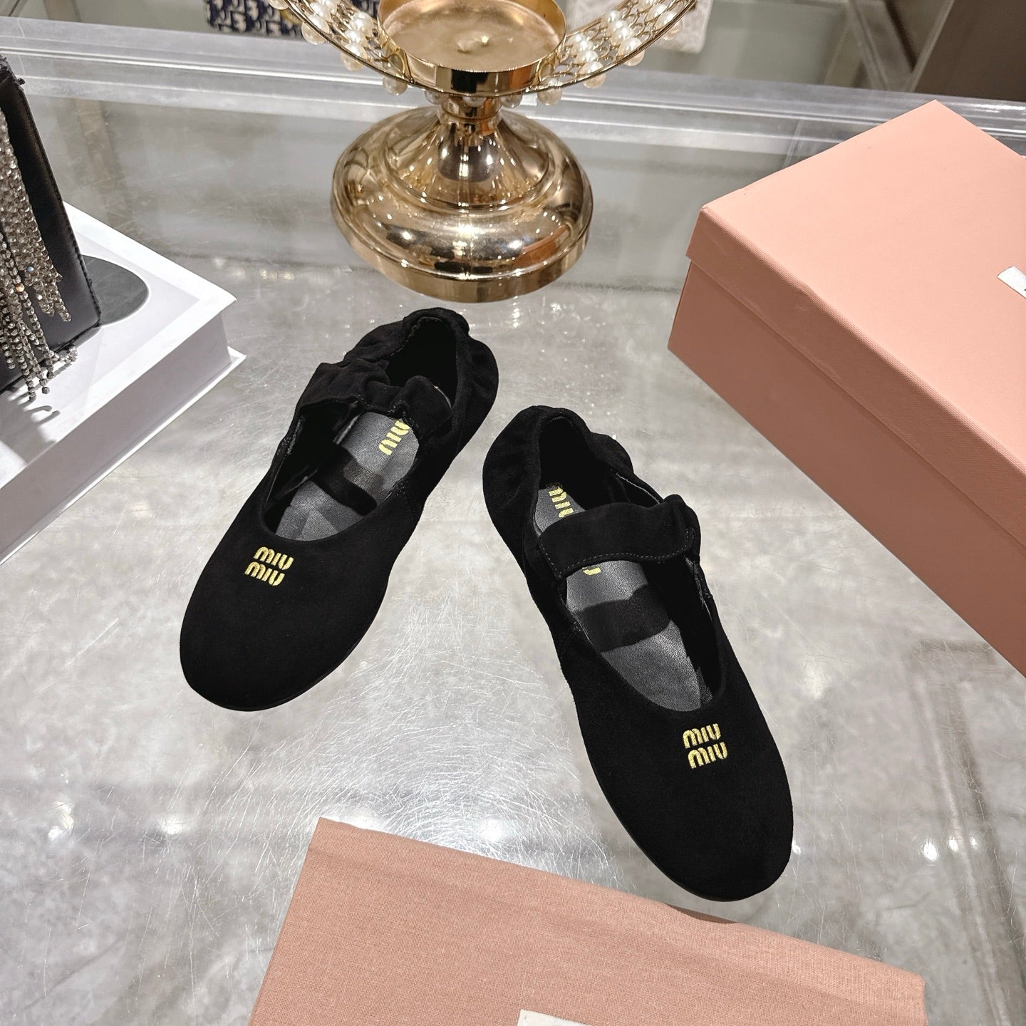 Miu 26s Mary Jane Flats In Black Suede Elastic Strap