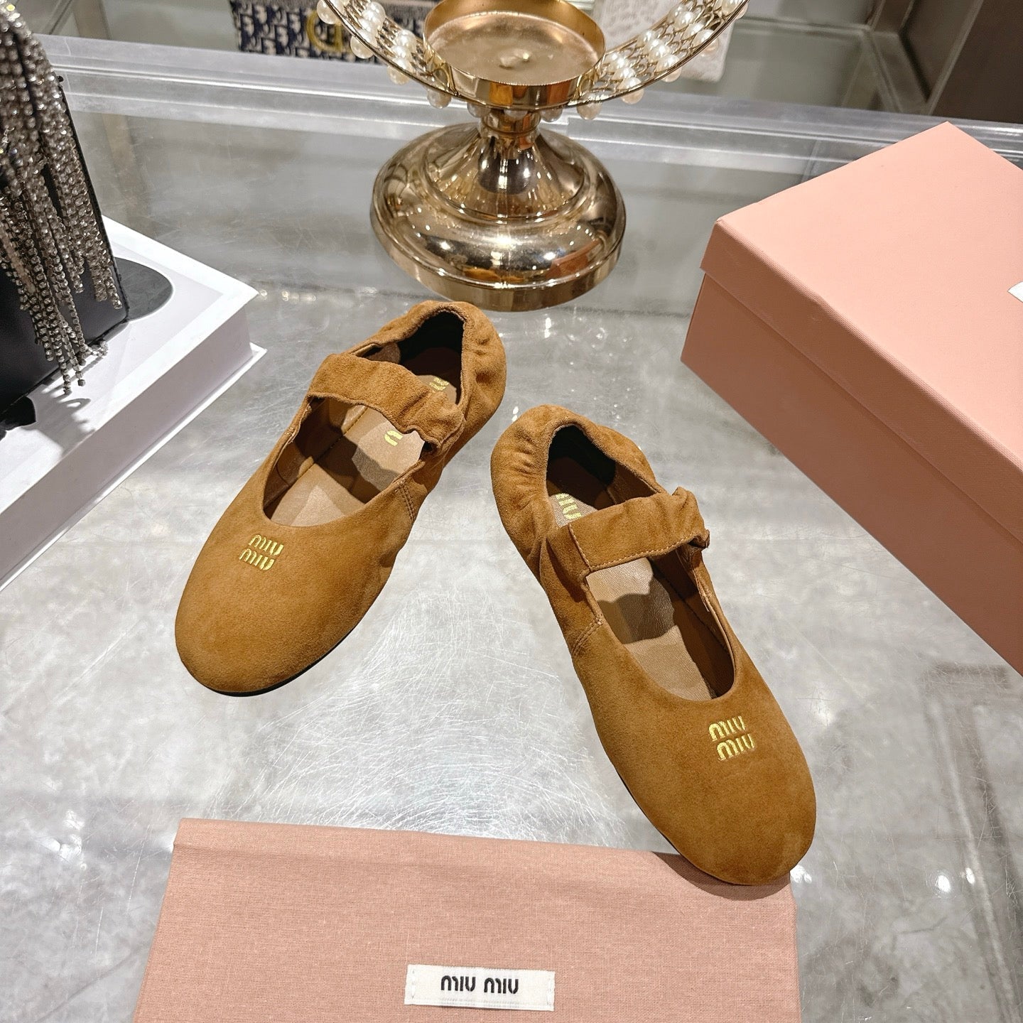Miu 26s Mary Jane Flats In Brown Suede Elastic Strap