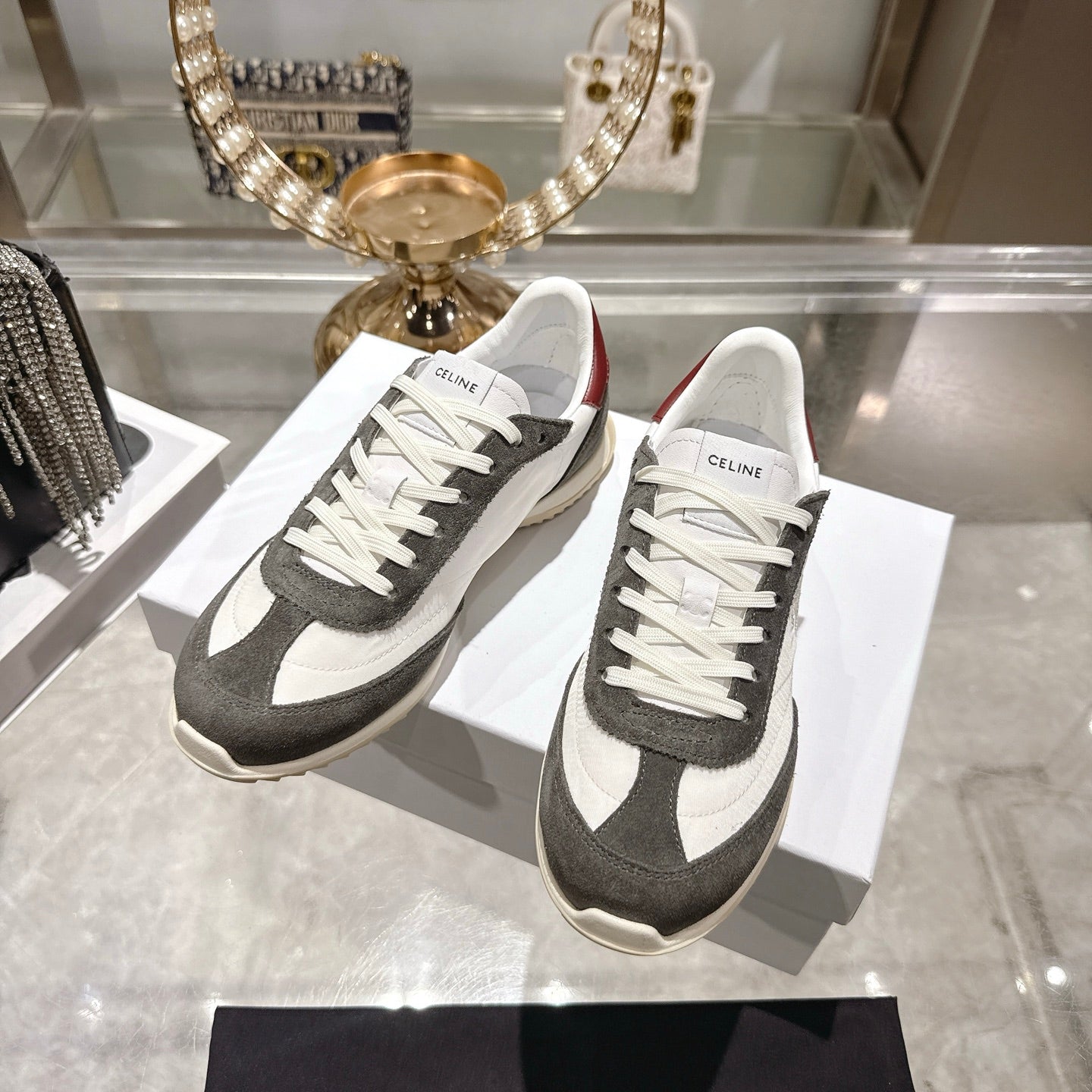 Celine Racer Sneaker Taupe White Suede Fabric 679822