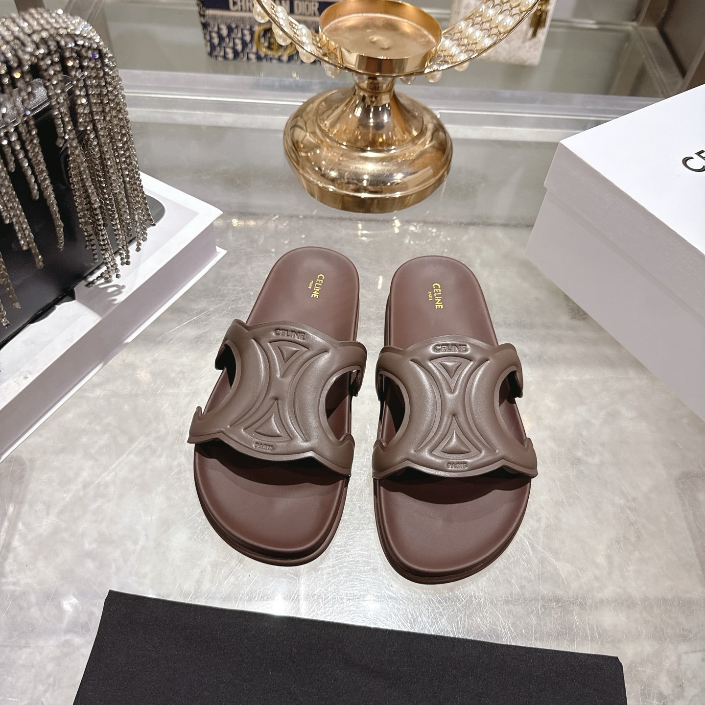 Celine 26s Triomphe Slide Chocolate Sheepskin 679832