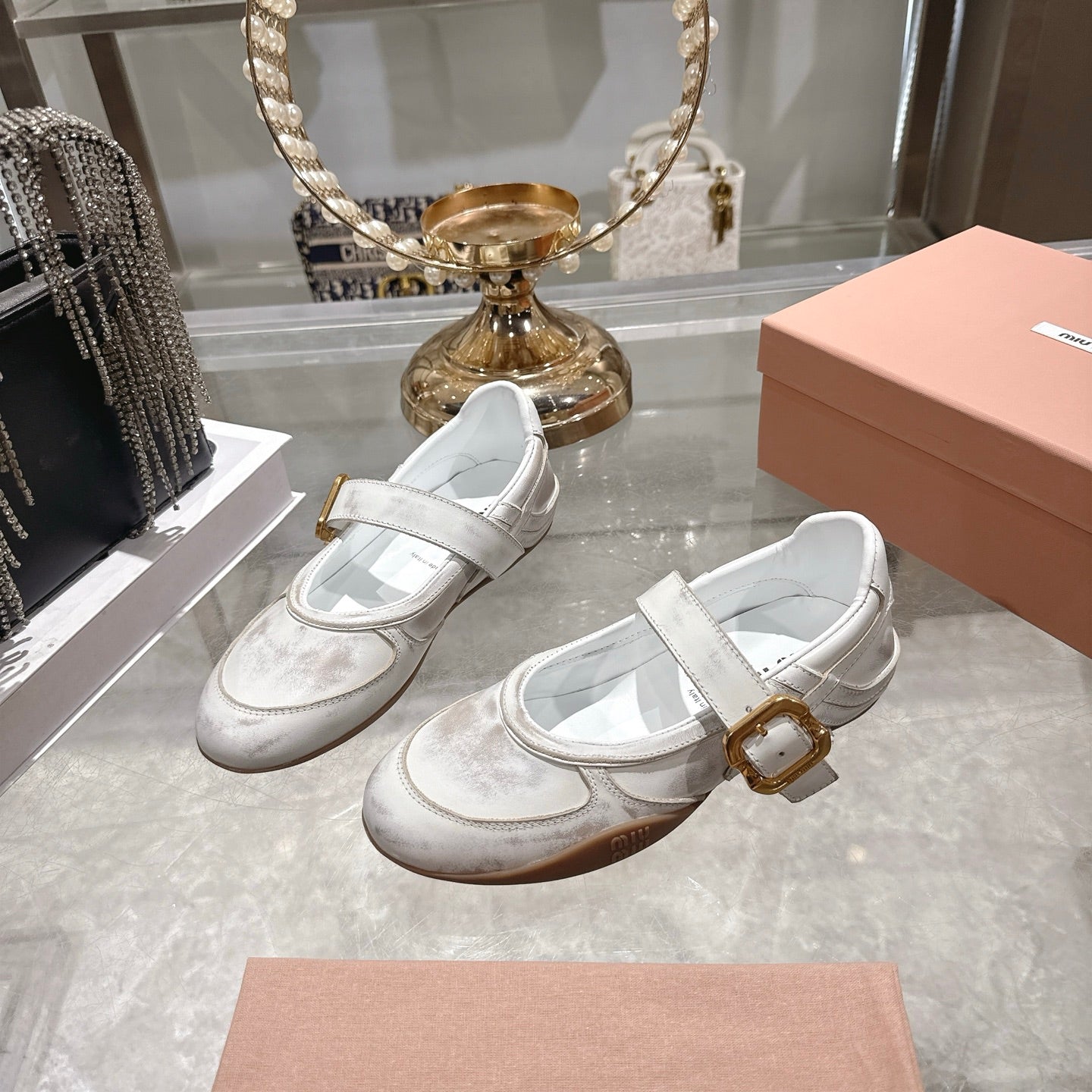 Miu 26s Gymnasium Ballerinas Dust White Leather 679784