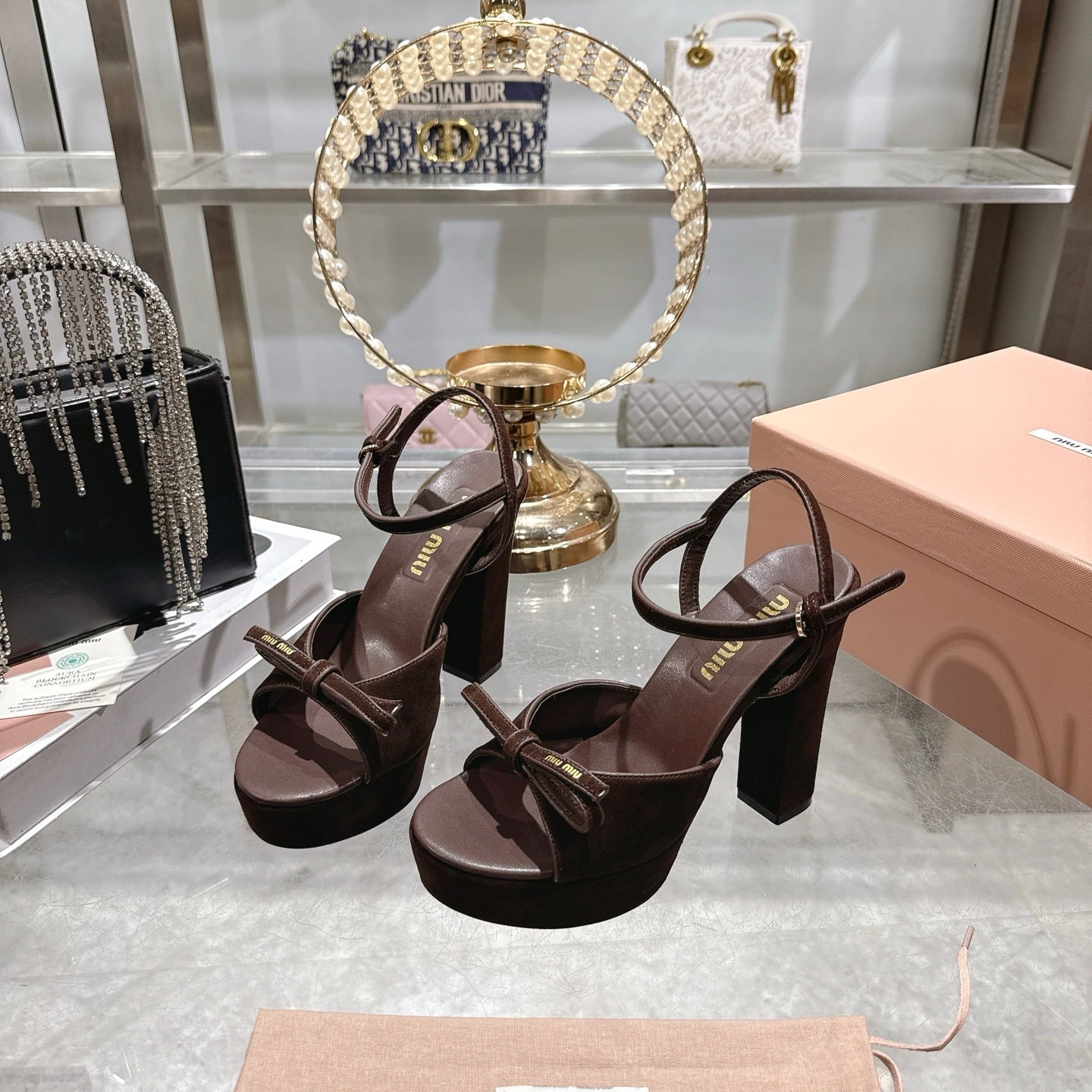 Miu Platform Sandal 12cm With Bow Coffee Suede 751319