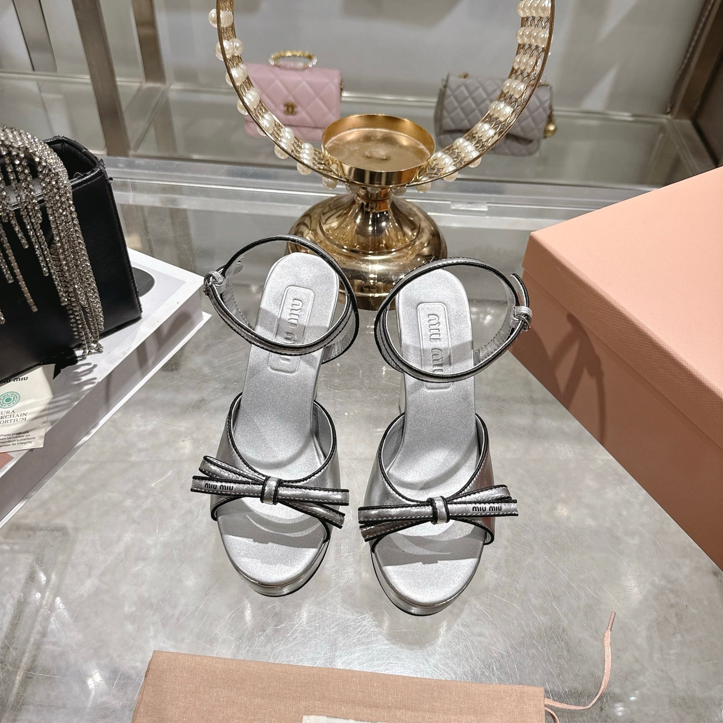Miu Platform Sandal 12cm With Bow Sliver Leather 751320