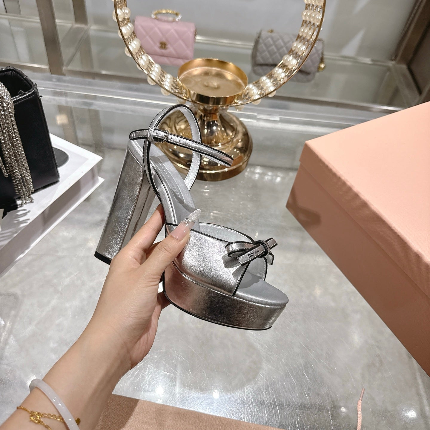 Miu Platform Sandal 12cm With Bow Sliver Leather 751320