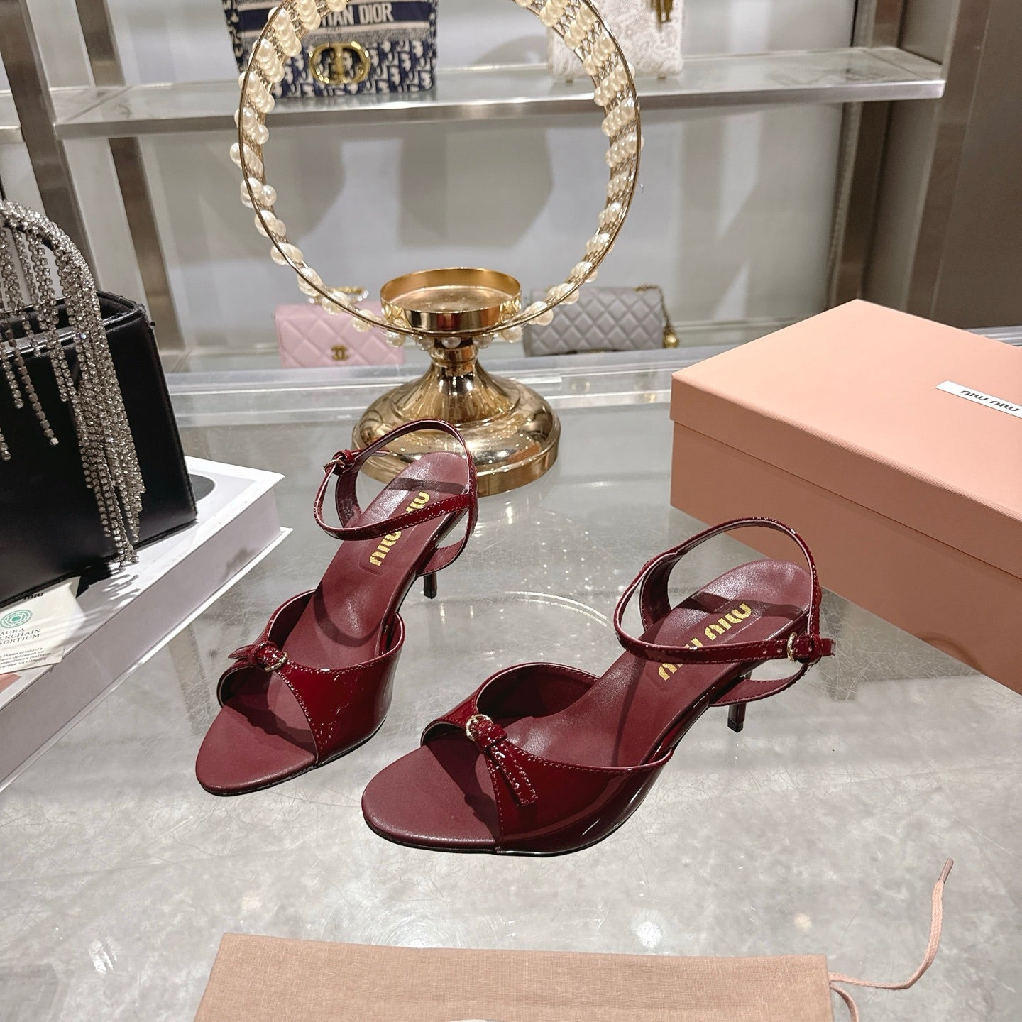 Miu Sandal With Buckle Burgundy Patent Leather 751327