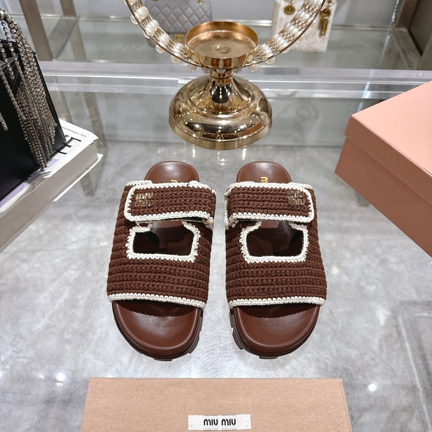 Miu Crochet Sandals Brown White Woven 751360