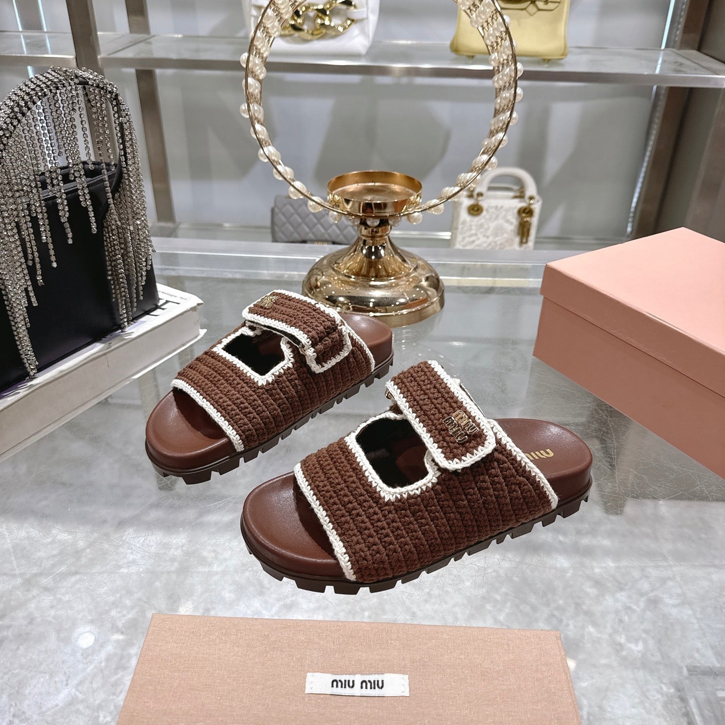 Miu Crochet Sandals Brown White Woven 751360