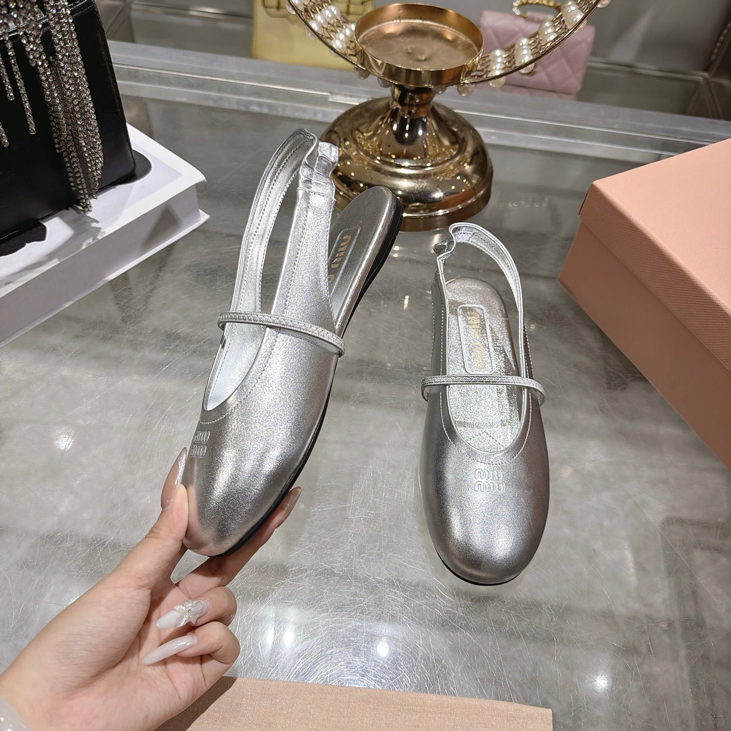 Miu Miu Slingback Flats Sliver Leather 901736