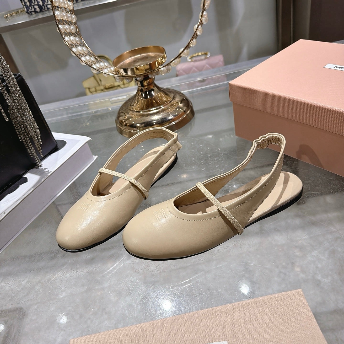 Miu Miu Slingback Flats Beige Leather 901737