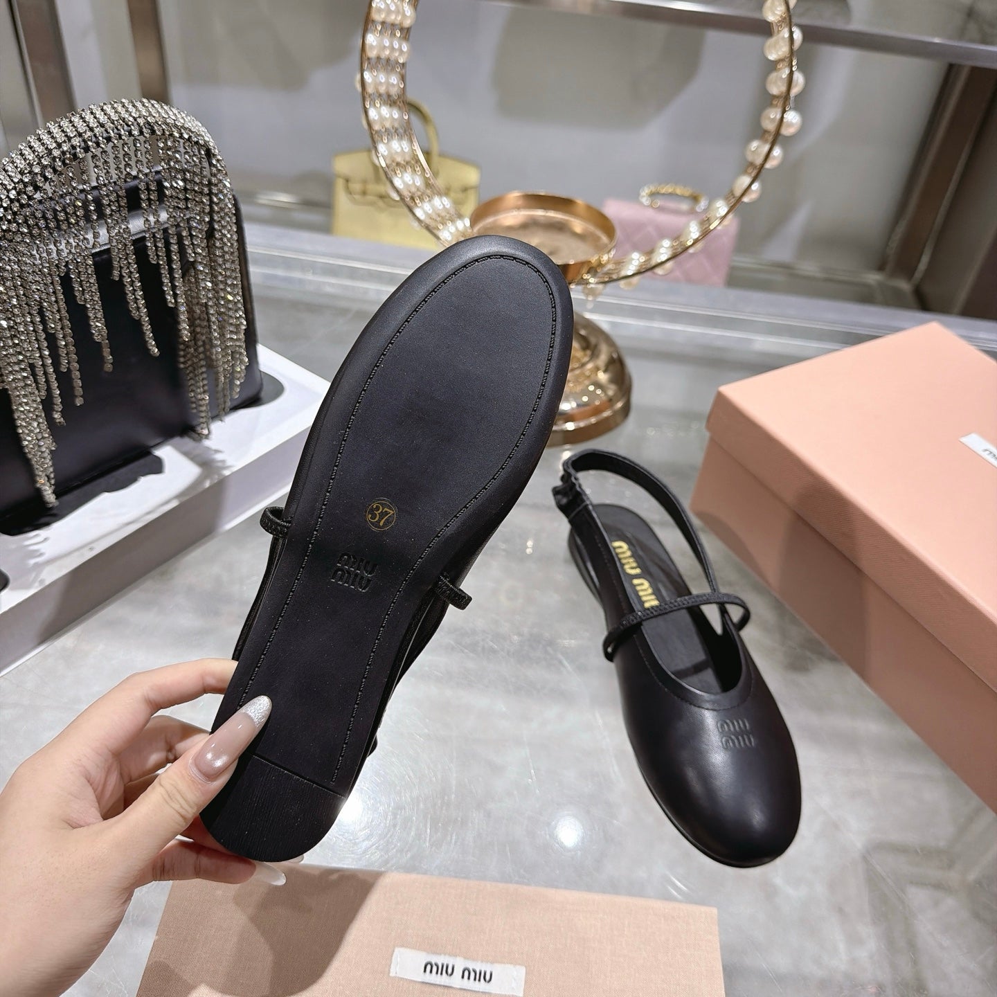 Miu Miu Slingback Flats Black Leather 901738