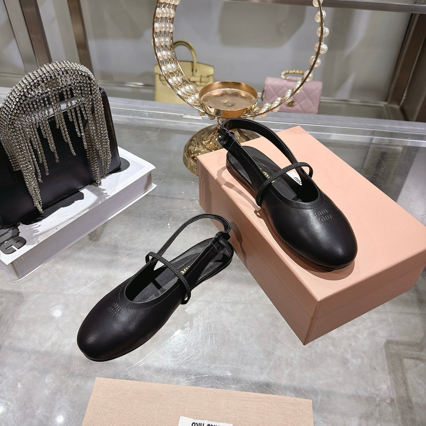 Miu Miu Slingback Flats Black Leather 901738