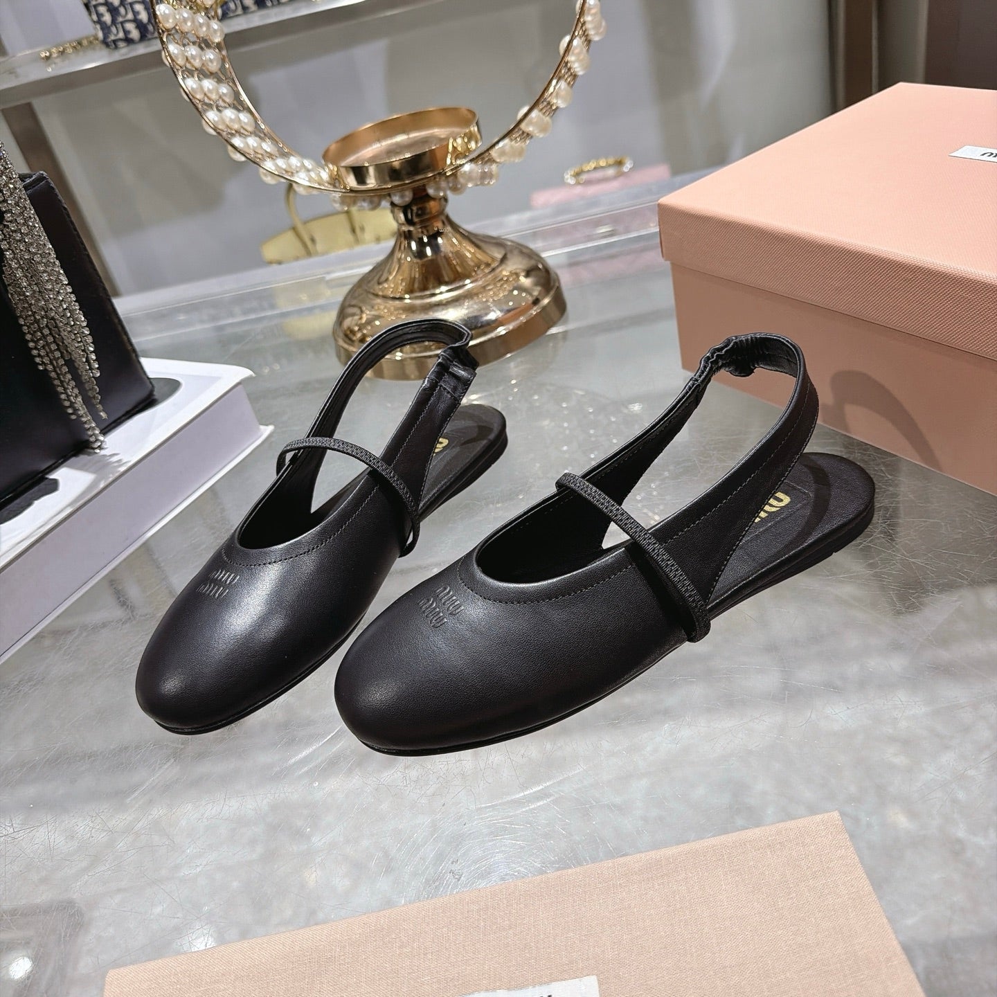Miu Miu Slingback Flats Black Leather 901738