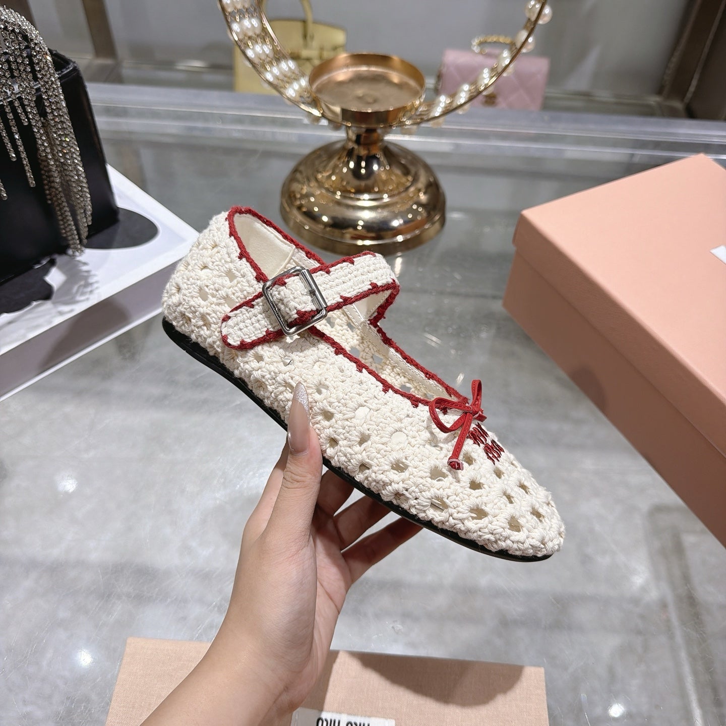 Miu Miu Crochet Ballerinas Cream Red Wool Leather 901741