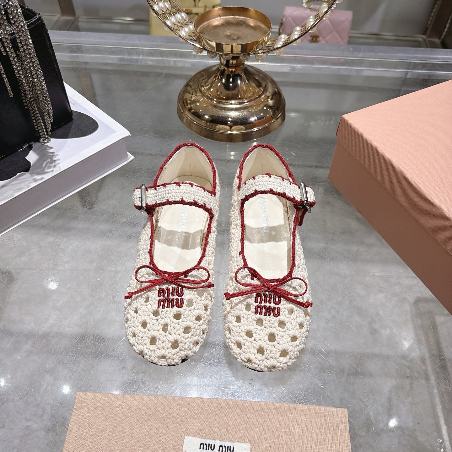 Miu Miu Crochet Ballerinas Cream Red Wool Leather 901741
