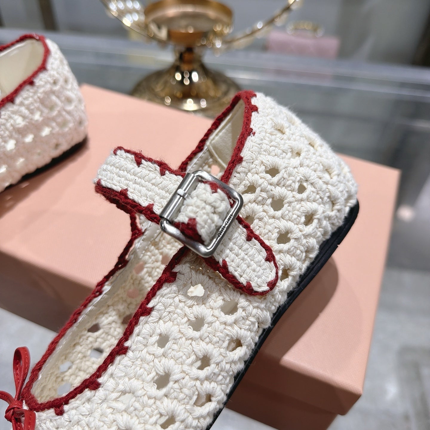 Miu Miu Crochet Ballerinas Cream Red Wool Leather 901741