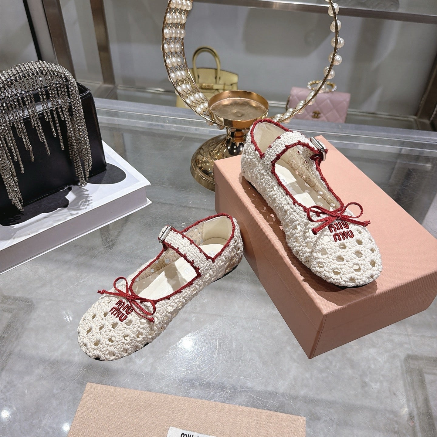 Miu Miu Crochet Ballerinas Cream Red Wool Leather 901741
