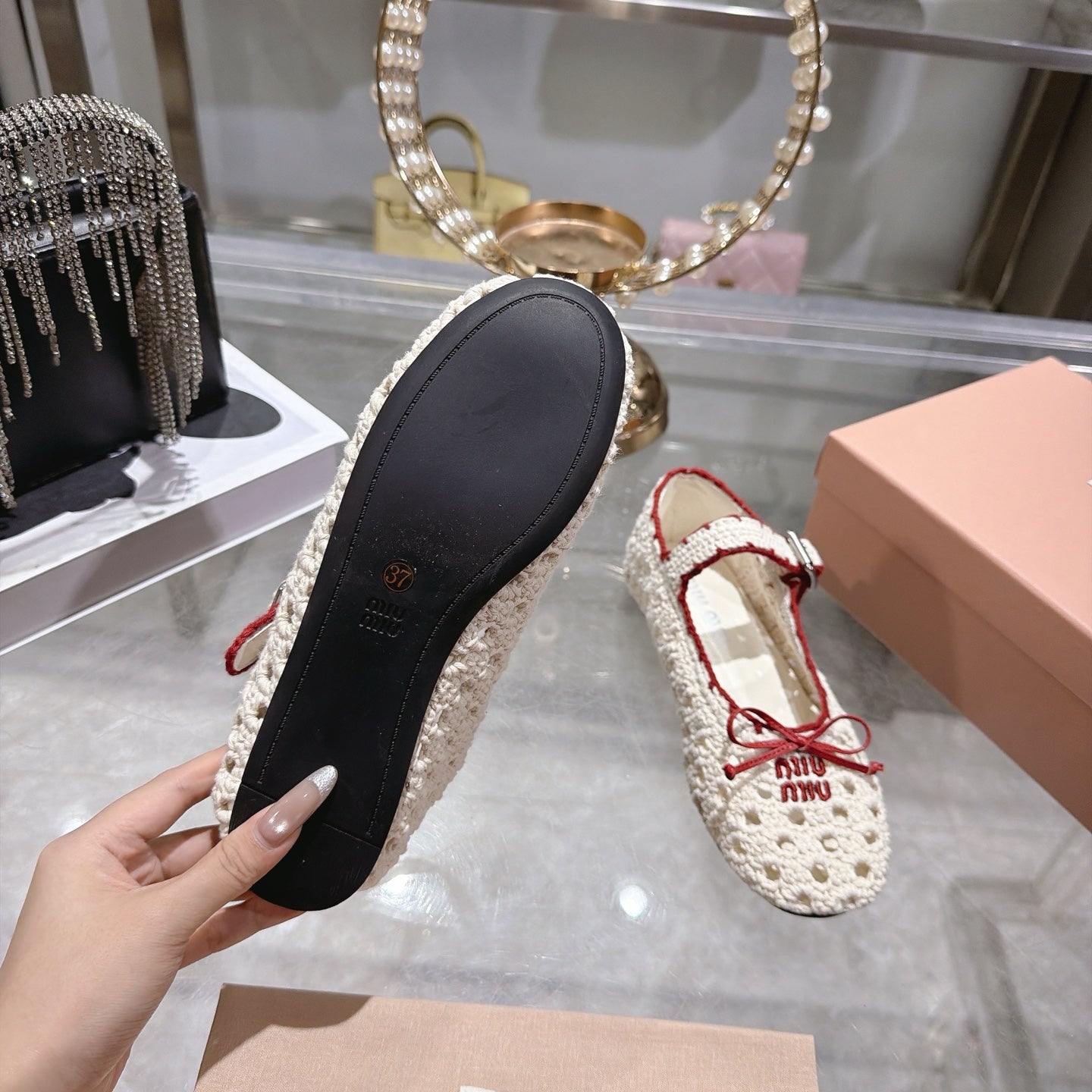Miu Miu Crochet Ballerinas Cream Red Wool Leather 901741