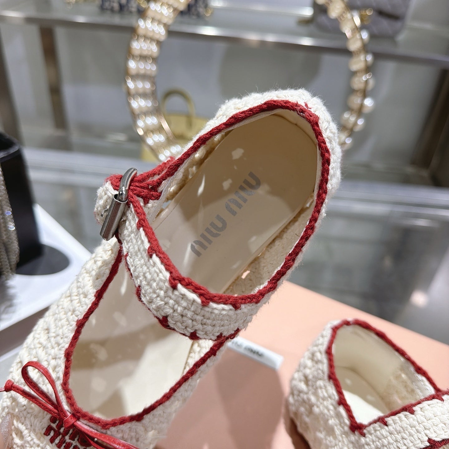 Miu Miu Crochet Ballerinas Cream Red Wool Leather 901741