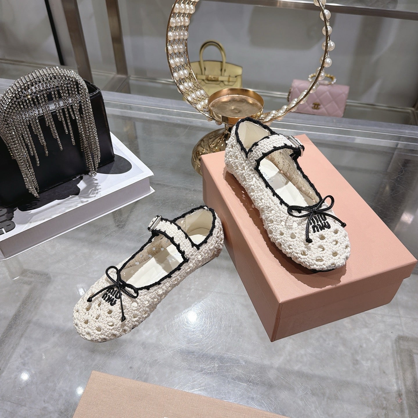 Miu Miu Crochet Ballerinas Cream Black Wool Leather 901742