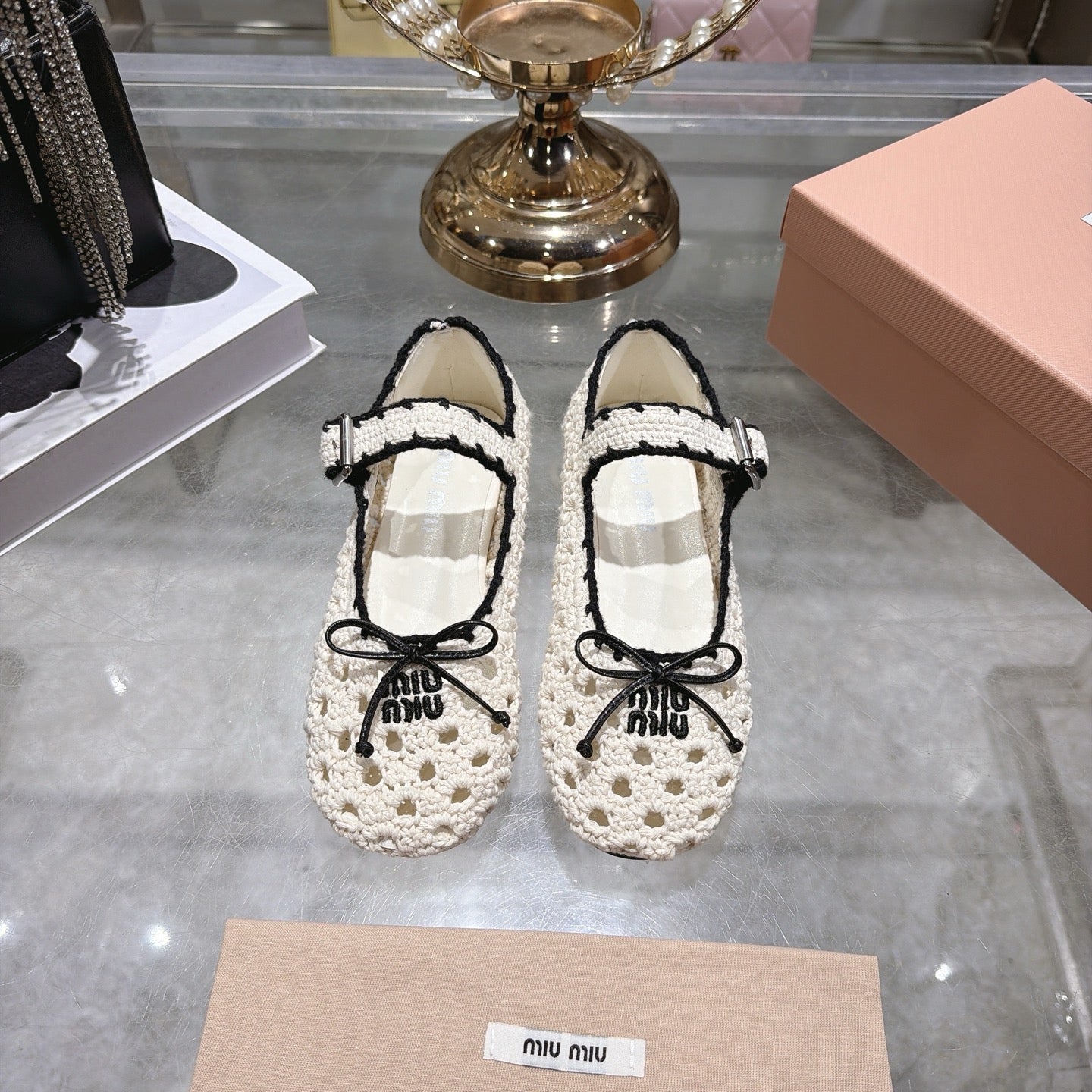 Miu Miu Crochet Ballerinas Cream Black Wool Leather 901742