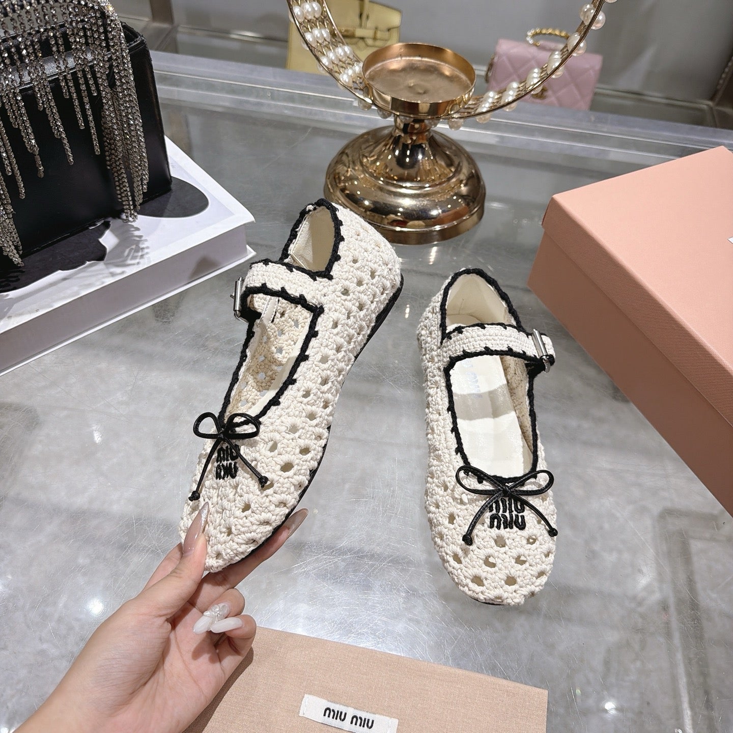 Miu Miu Crochet Ballerinas Cream Black Wool Leather 901742