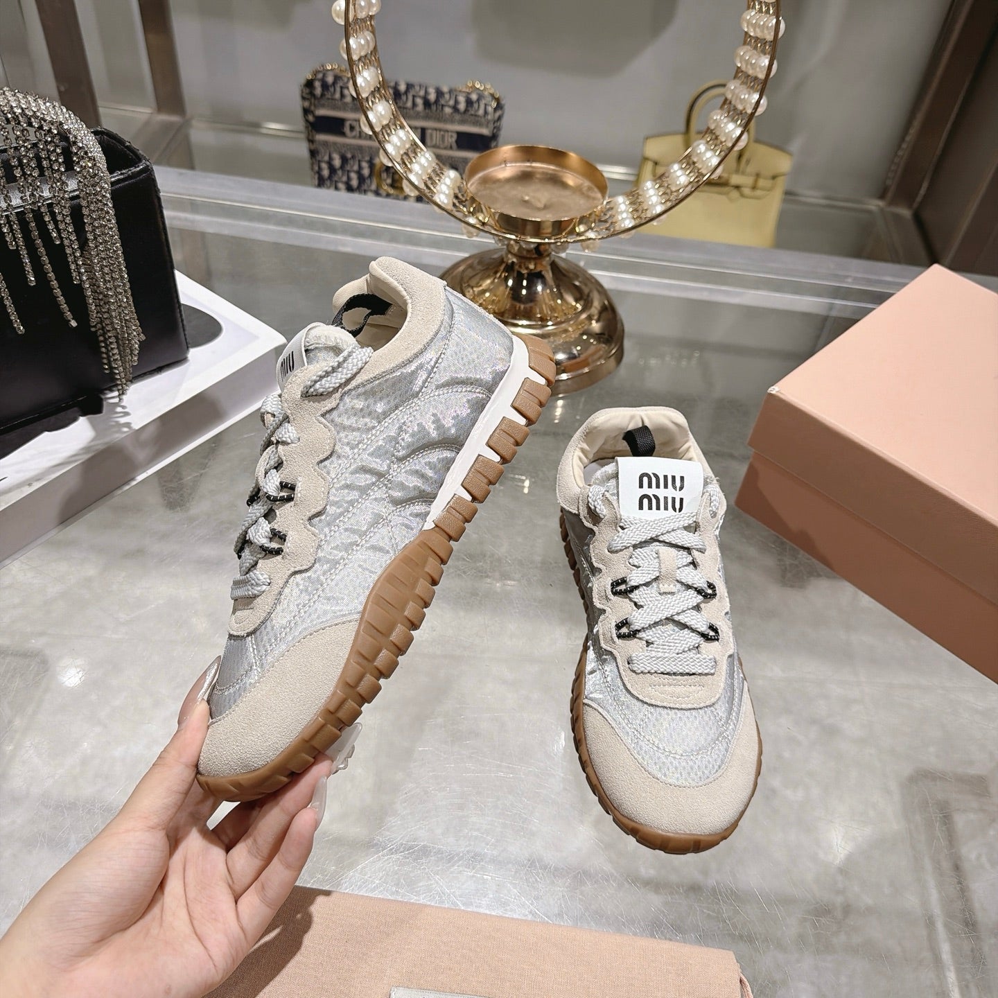 Miu 26s Tyre Sneakers Grey Cream Suede Technical Fabric 951528
