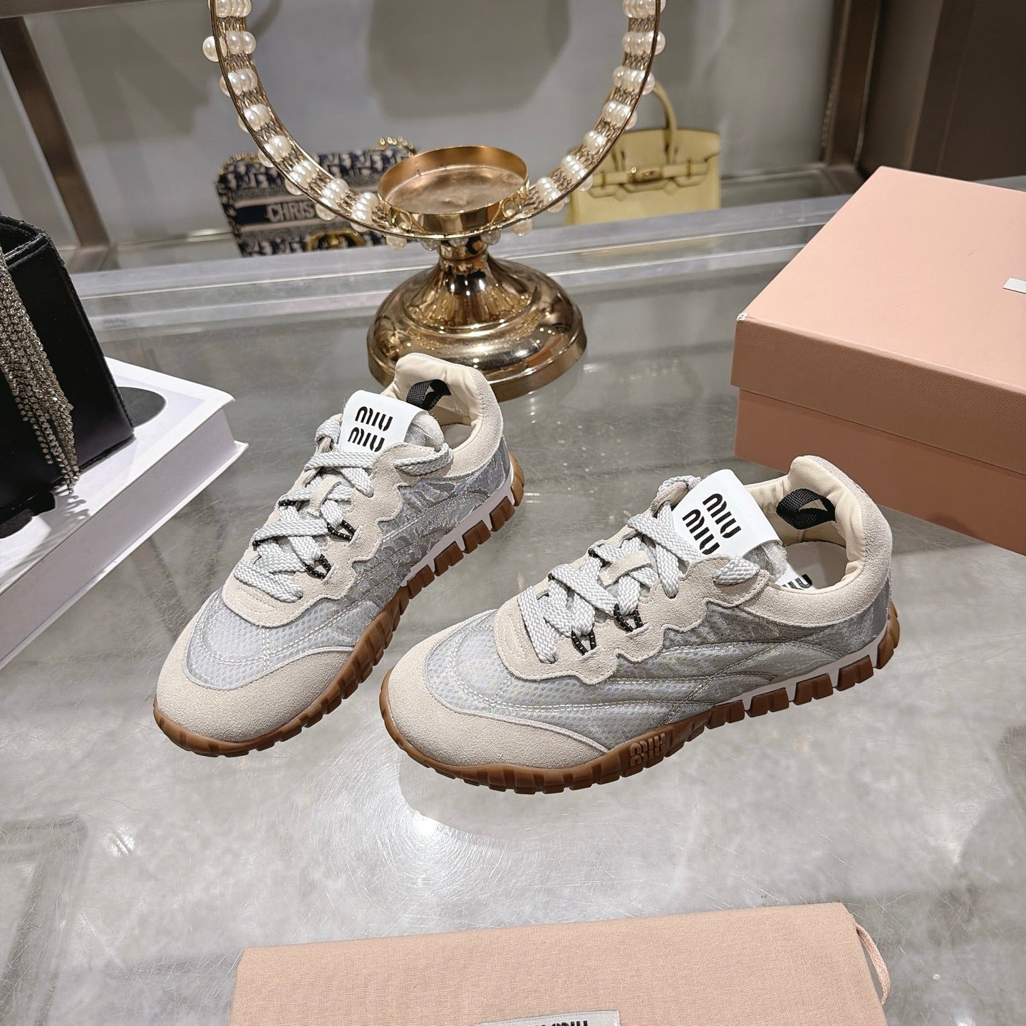 Miu 26s Tyre Sneakers Grey Cream Suede Technical Fabric 951528
