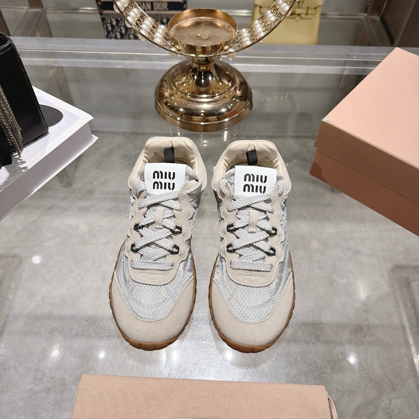 Miu 26s Tyre Sneakers Grey Cream Suede Technical Fabric 951528